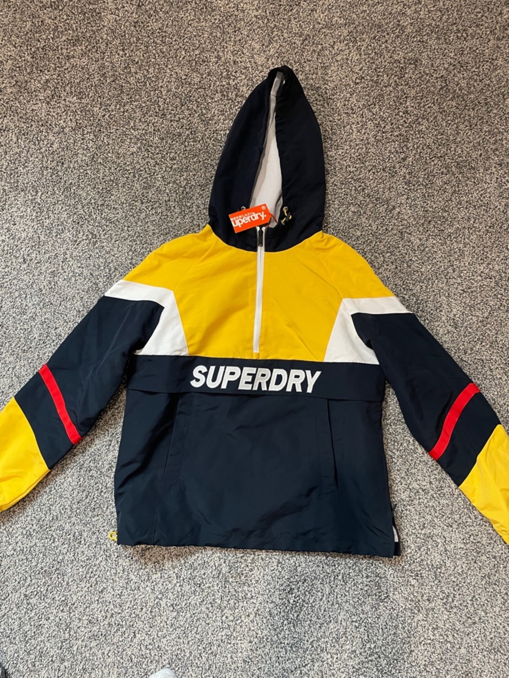 Superdry Women’s Navy, Yellow & White Hooded Windbreaker with Red Accents NWT - Picture 3 of 7